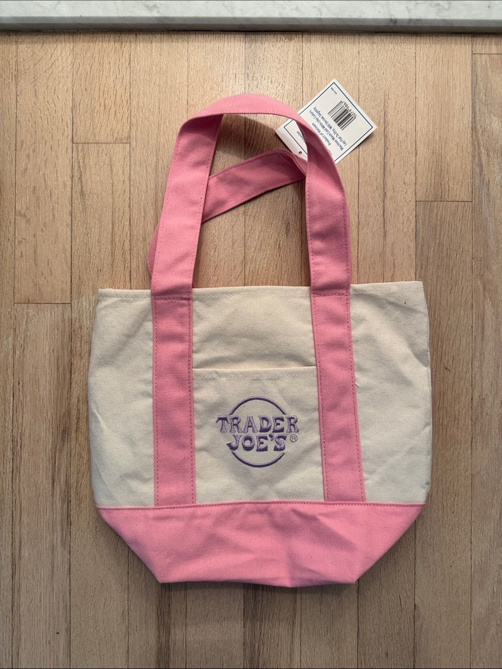 NWT Trader Joe’s Mini Canvas Tote, white/pink w/lavender embroidery